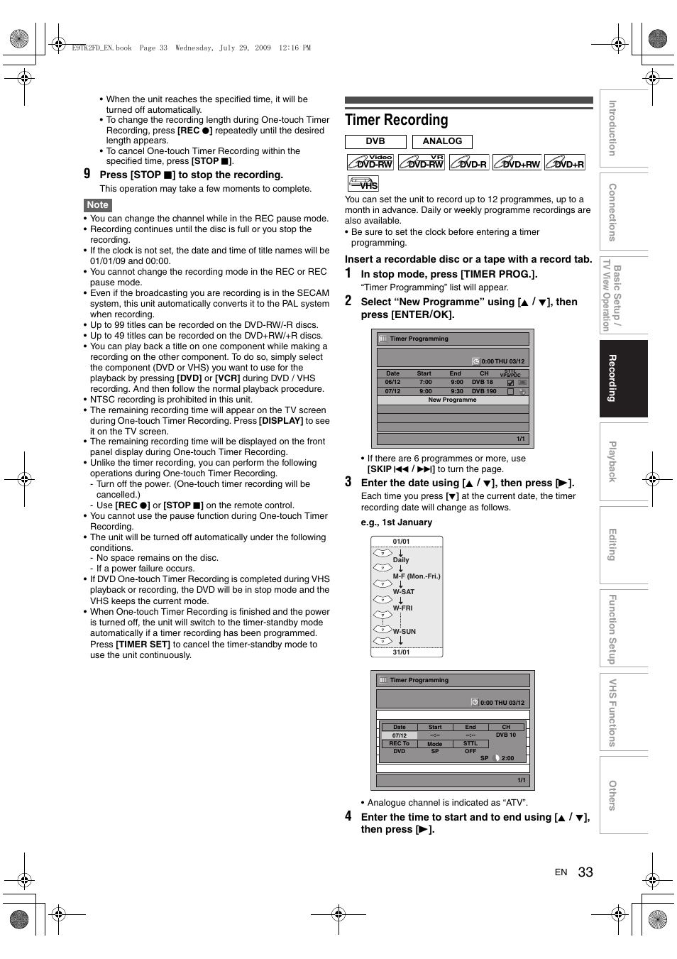 Timer recording | Toshiba DVR70 User Manual | Page 33 / 80