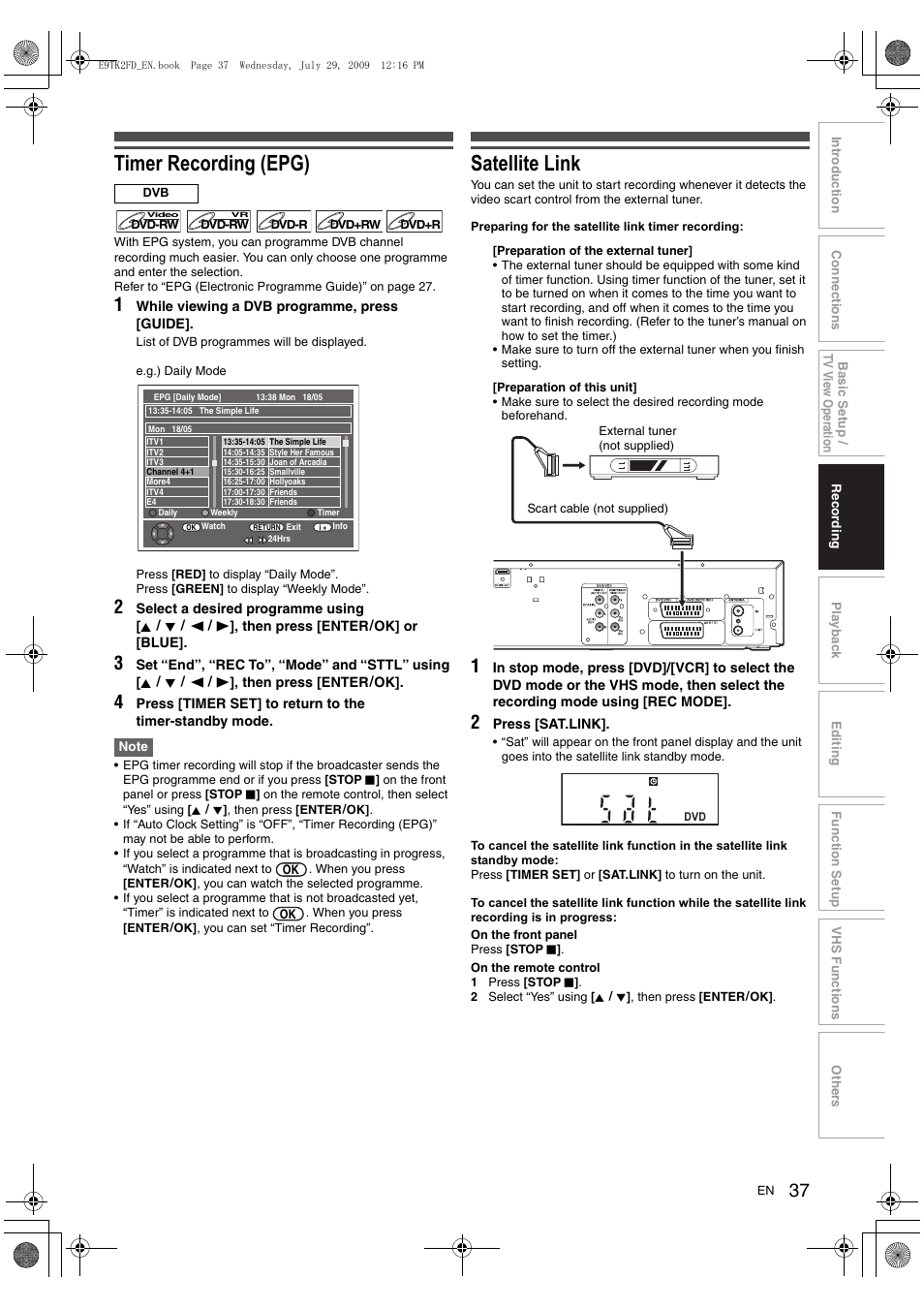 Timer recording (epg), Satellite link | Toshiba DVR70 User Manual | Page 37 / 80