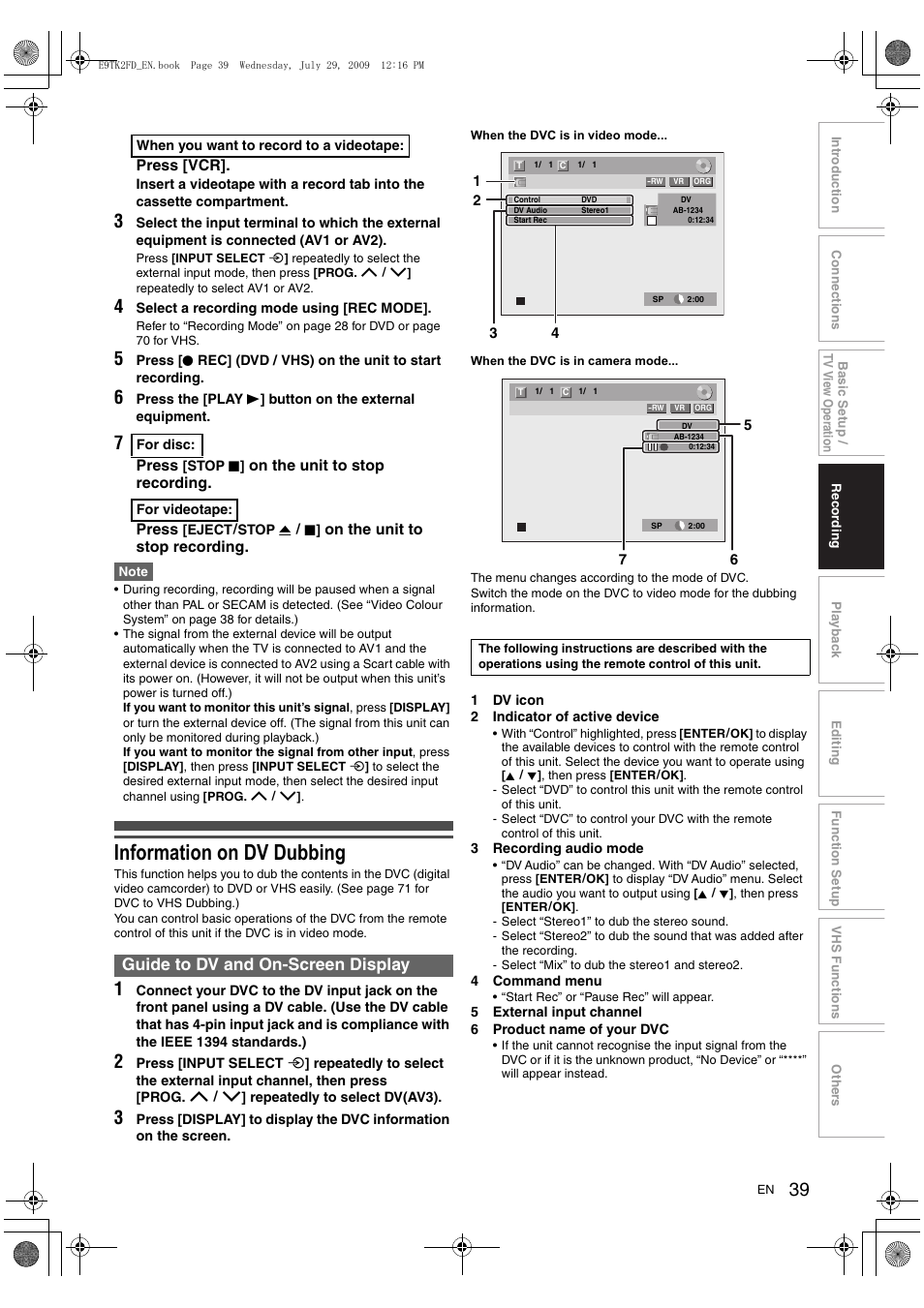 Information on dv dubbing, Guide to dv and on-screen display | Toshiba DVR70 User Manual | Page 39 / 80