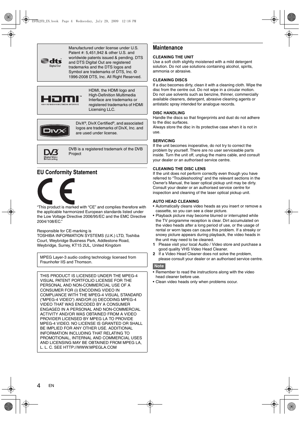 Eu conformity statement, Maintenance | Toshiba DVR70 User Manual | Page 4 / 80