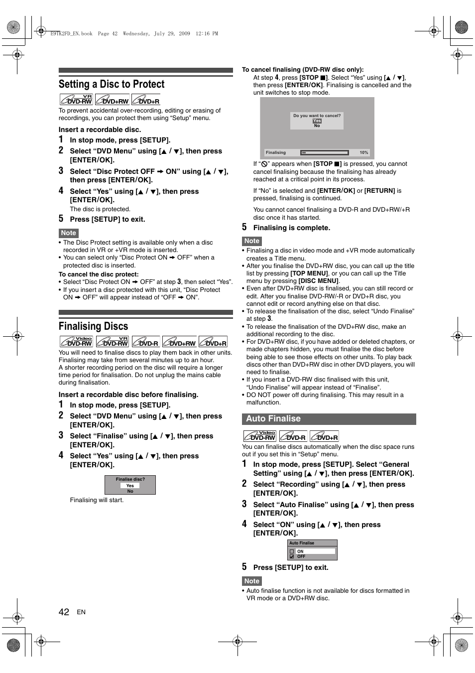 Setting a disc to protect, Finalising discs, Auto finalise | Toshiba DVR70 User Manual | Page 42 / 80