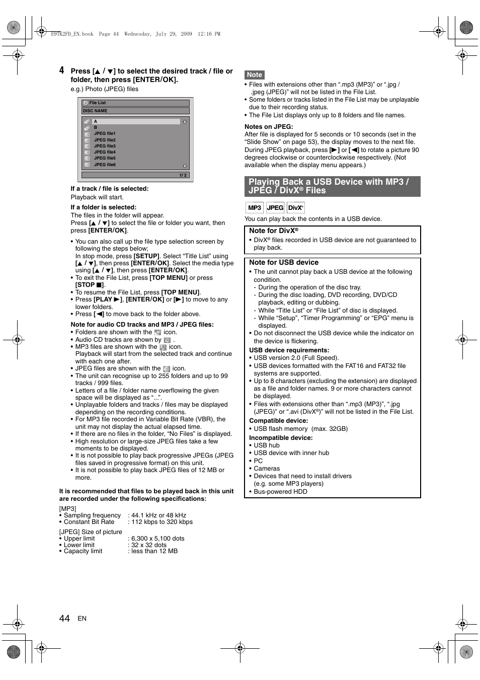 Playing back a usb device with mp3 / jpeg / divx, Files | Toshiba DVR70 User Manual | Page 44 / 80