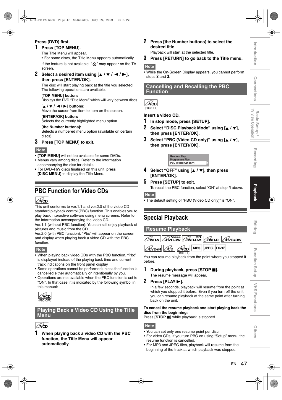 Pbc function for video cds, Special playback, Playing back a video cd using the title menu | Toshiba DVR70 User Manual | Page 47 / 80