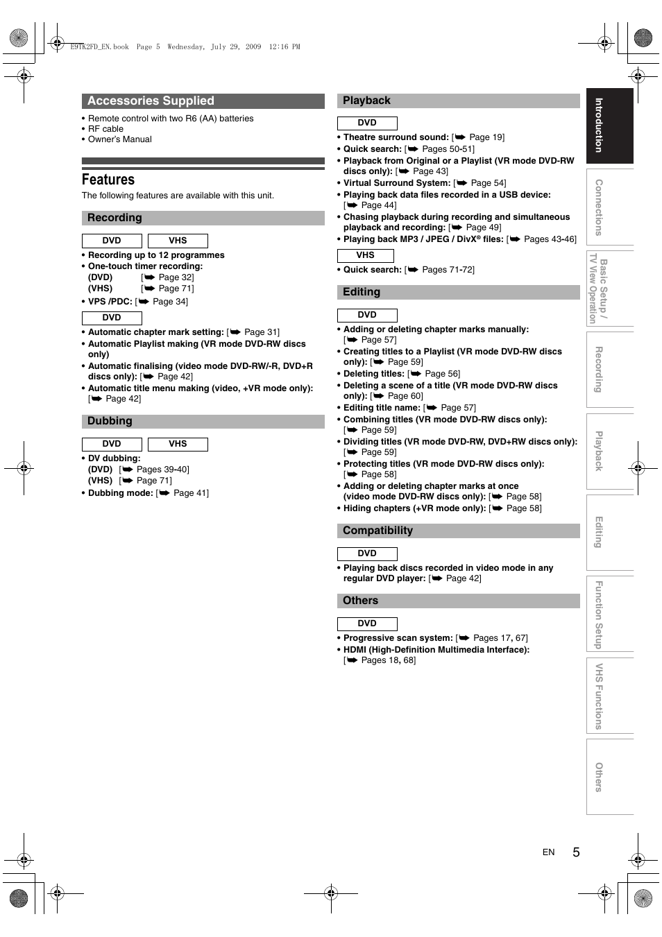 Features, Accessories supplied | Toshiba DVR70 User Manual | Page 5 / 80