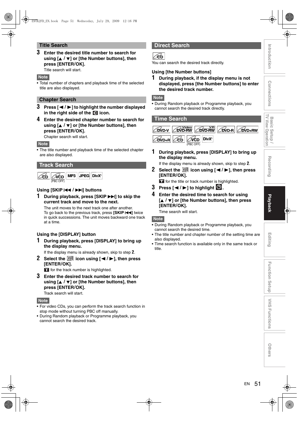 Track search, Direct search time search | Toshiba DVR70 User Manual | Page 51 / 80