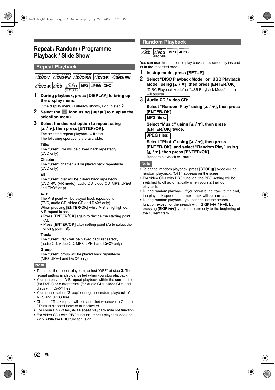 Repeat / random / programme playback / slide show, Repeat playback, Random playback | Toshiba DVR70 User Manual | Page 52 / 80