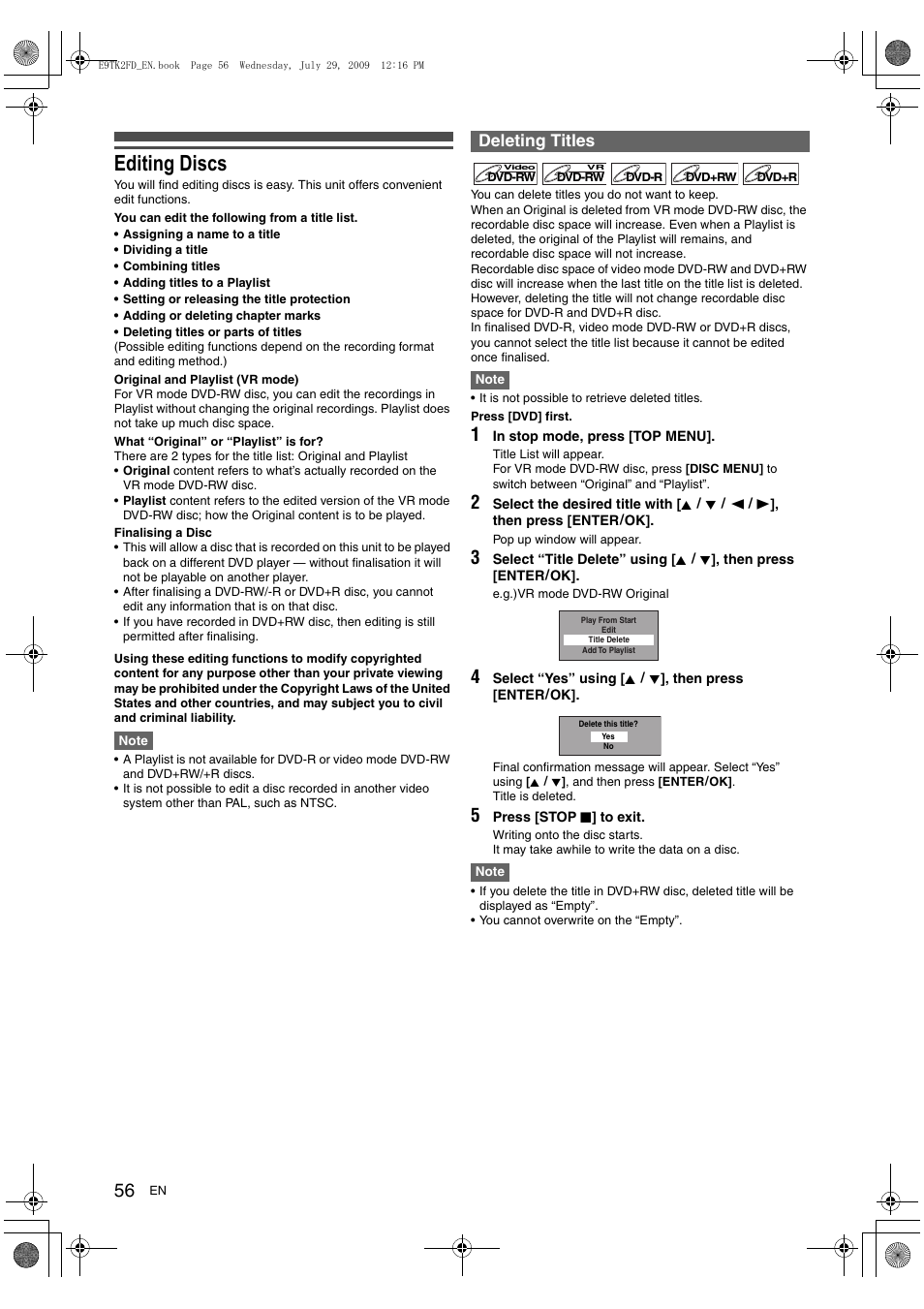 Editing discs, Deleting titles | Toshiba DVR70 User Manual | Page 56 / 80