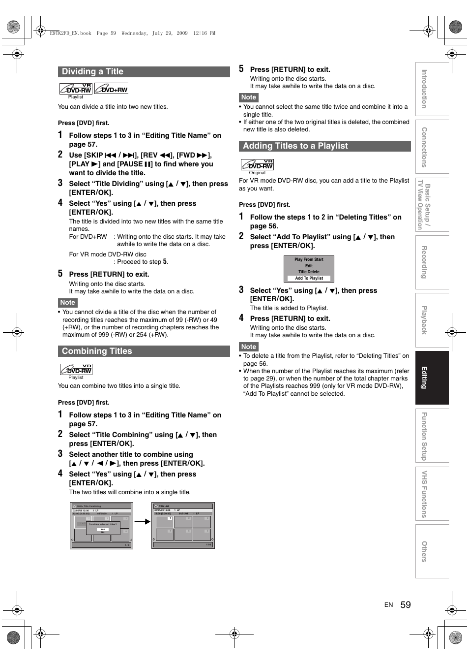 Dividing a title, Combining titles, Adding titles to a playlist | Toshiba DVR70 User Manual | Page 59 / 80
