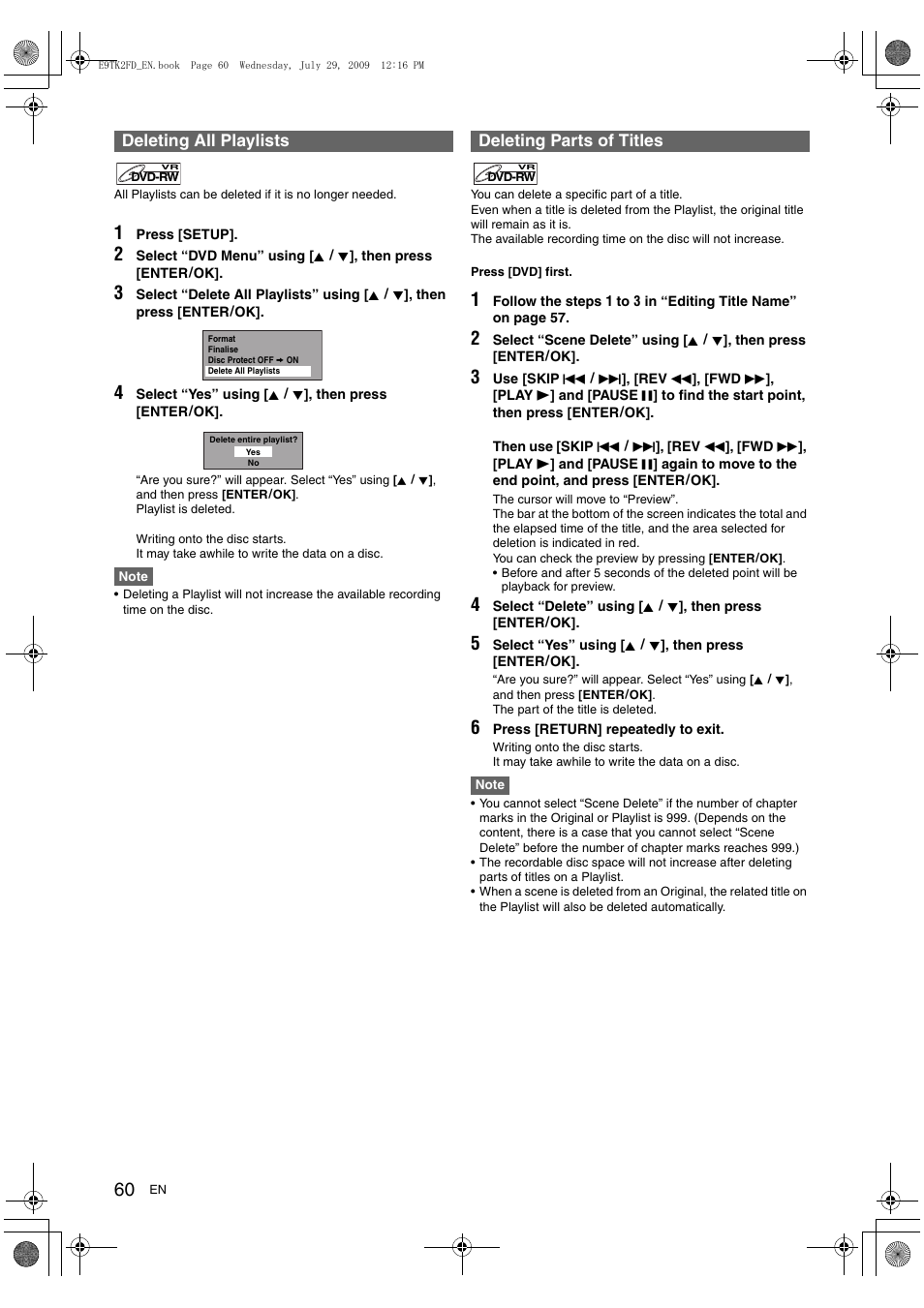 Deleting all playlists, Deleting parts of titles | Toshiba DVR70 User Manual | Page 60 / 80