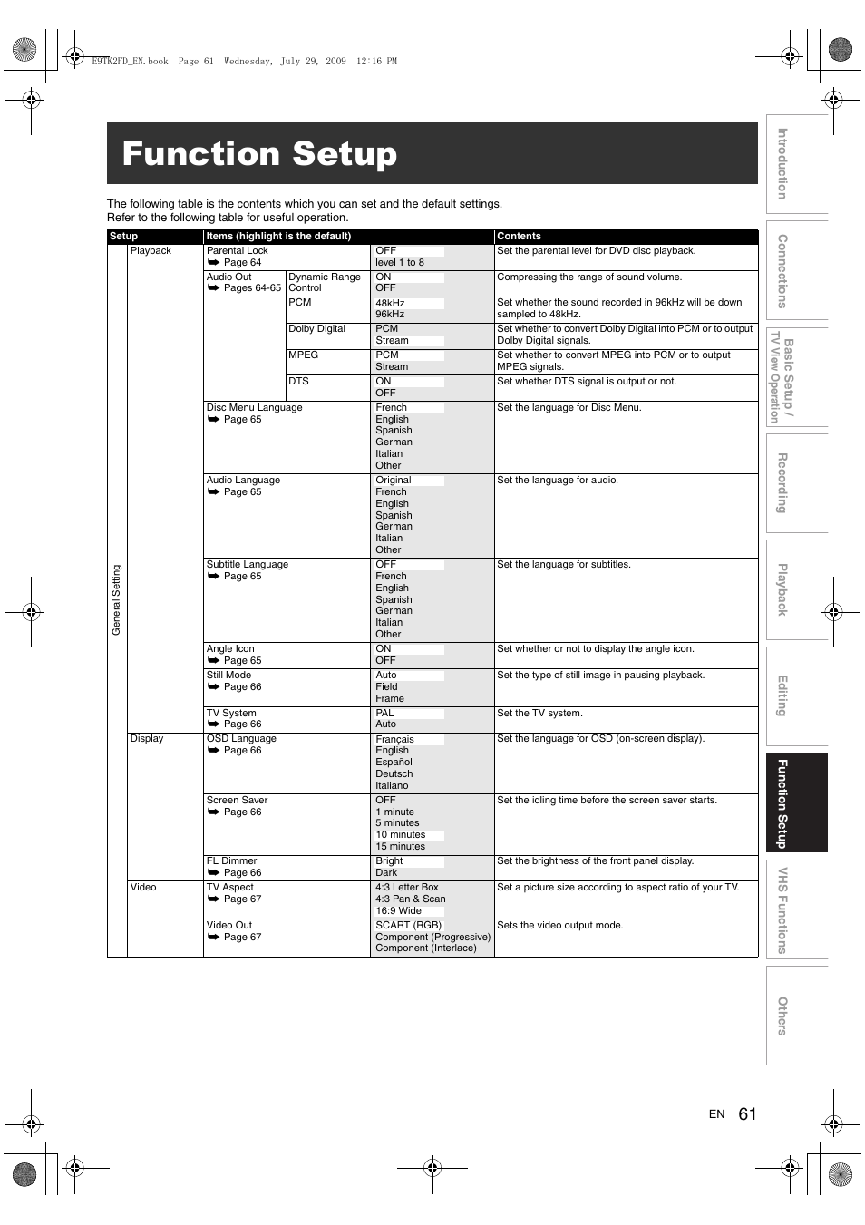 Function setup | Toshiba DVR70 User Manual | Page 61 / 80