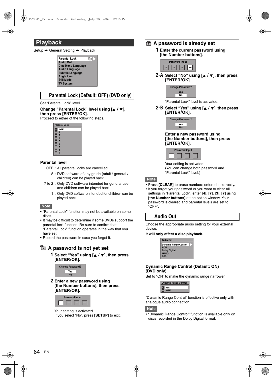 Playback, A parental lock (default: off) (dvd only), B audio out | A password is not yet set 1, A password is already set 1 | Toshiba DVR70 User Manual | Page 64 / 80