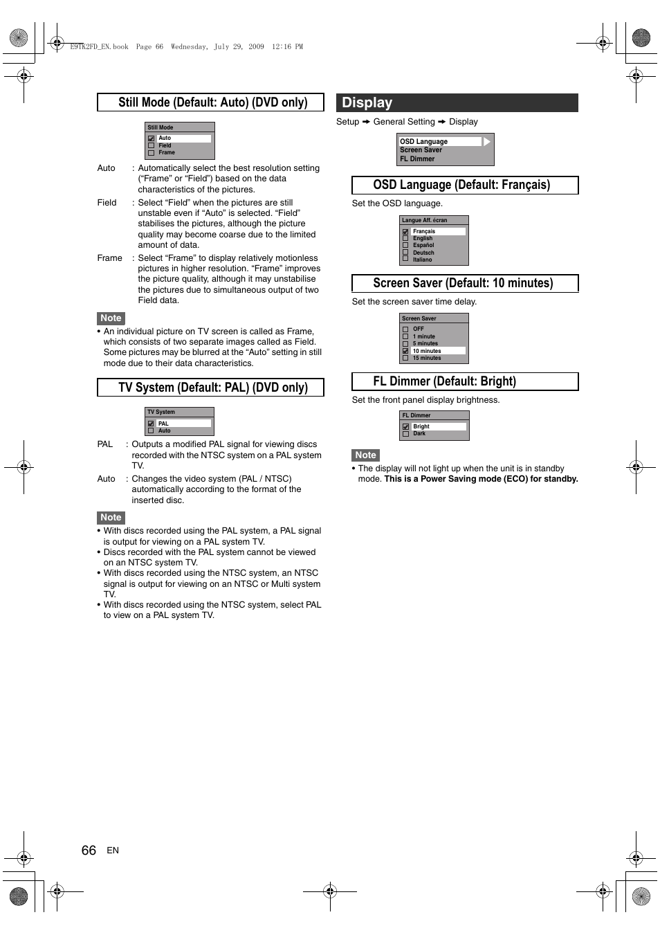 Display, G still mode (default: auto) (dvd only), H tv system (default: pal) (dvd only) | Toshiba DVR70 User Manual | Page 66 / 80