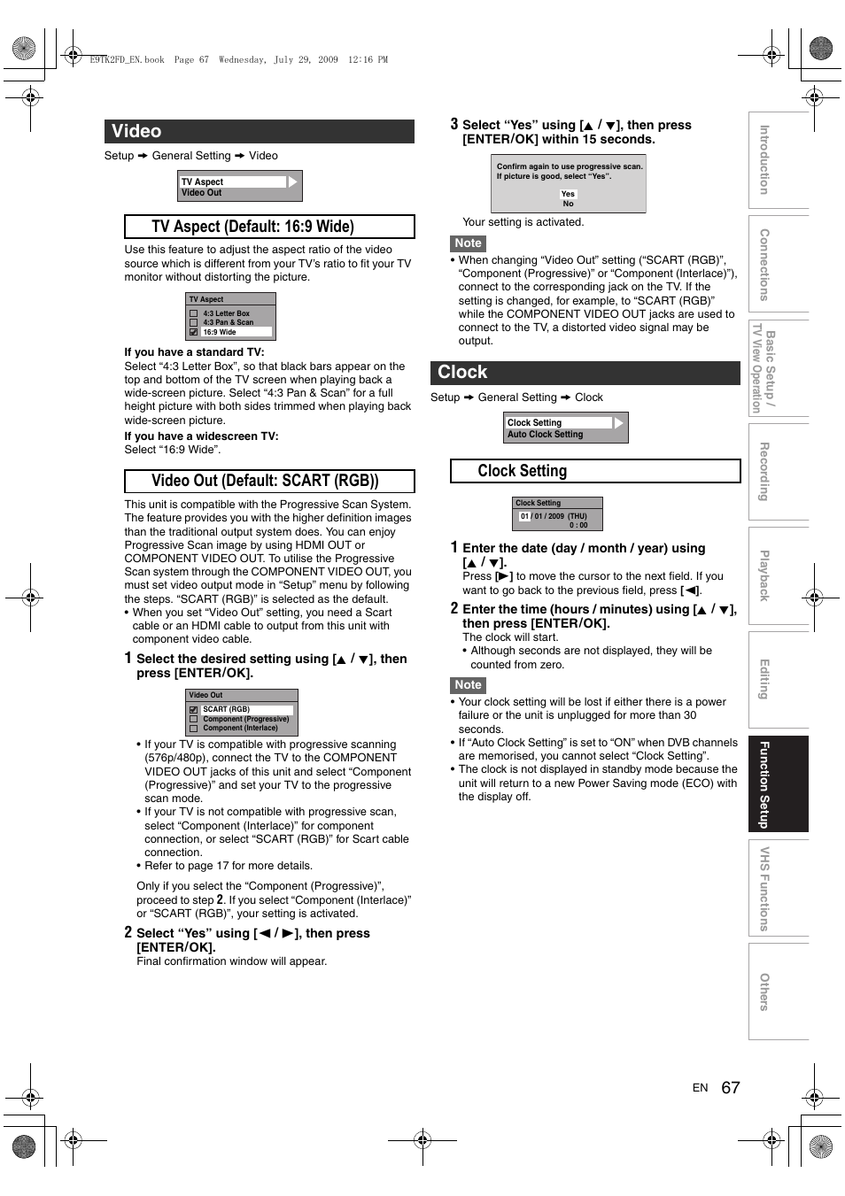 Video, Clock, A clock setting | Toshiba DVR70 User Manual | Page 67 / 80