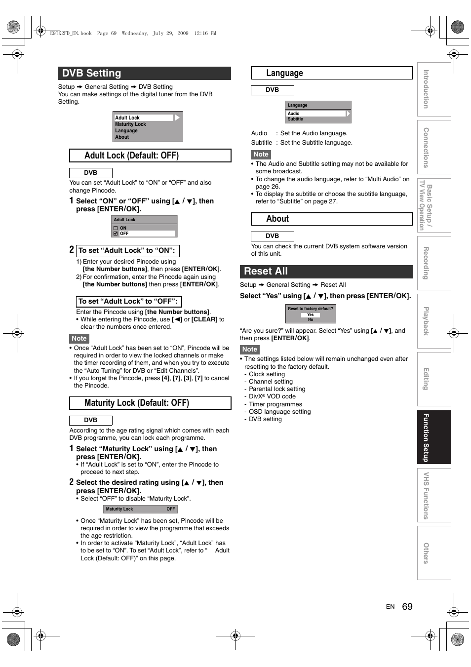 Dvb setting, Reset all, A adult lock (default: off) | B maturity lock (default: off), C language, D about | Toshiba DVR70 User Manual | Page 69 / 80