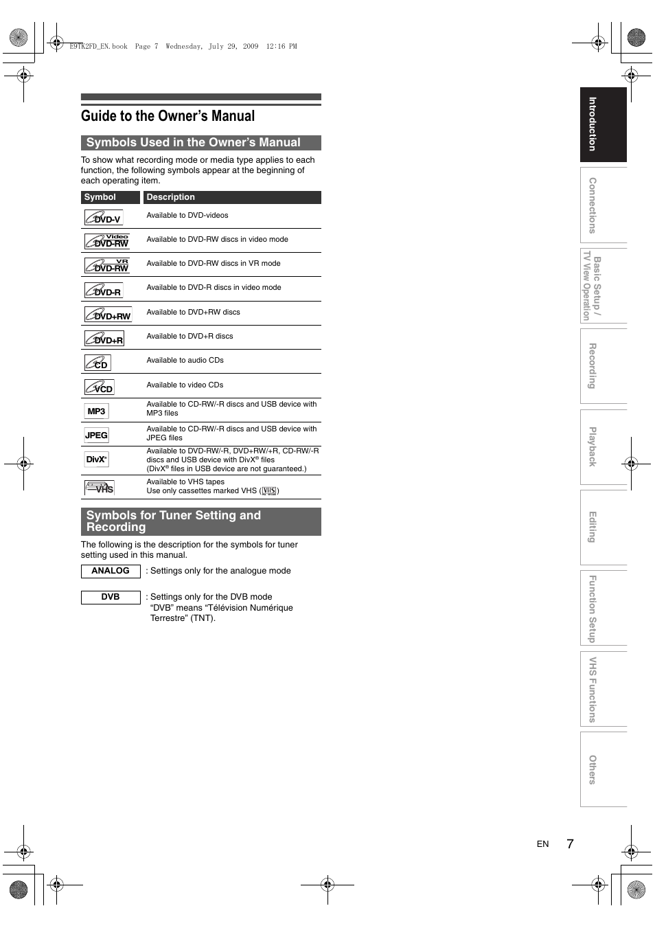 Guide to the owner’s manual, Symbols used in the owner’s manual, Symbols for tuner setting and recording | Toshiba DVR70 User Manual | Page 7 / 80