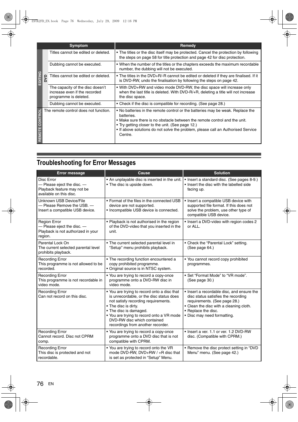 Troubleshooting for error messages | Toshiba DVR70 User Manual | Page 76 / 80