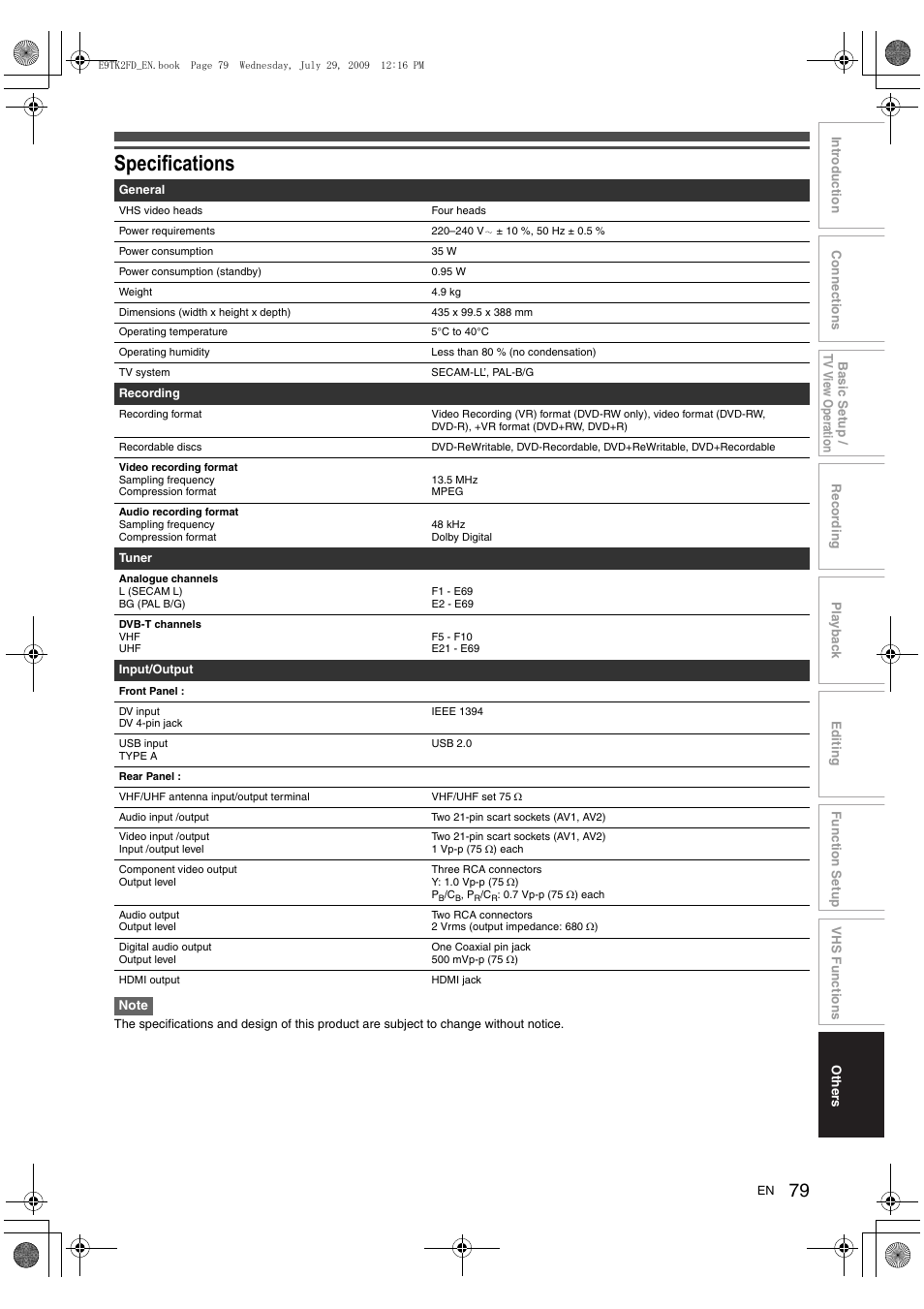 Specifications | Toshiba DVR70 User Manual | Page 79 / 80