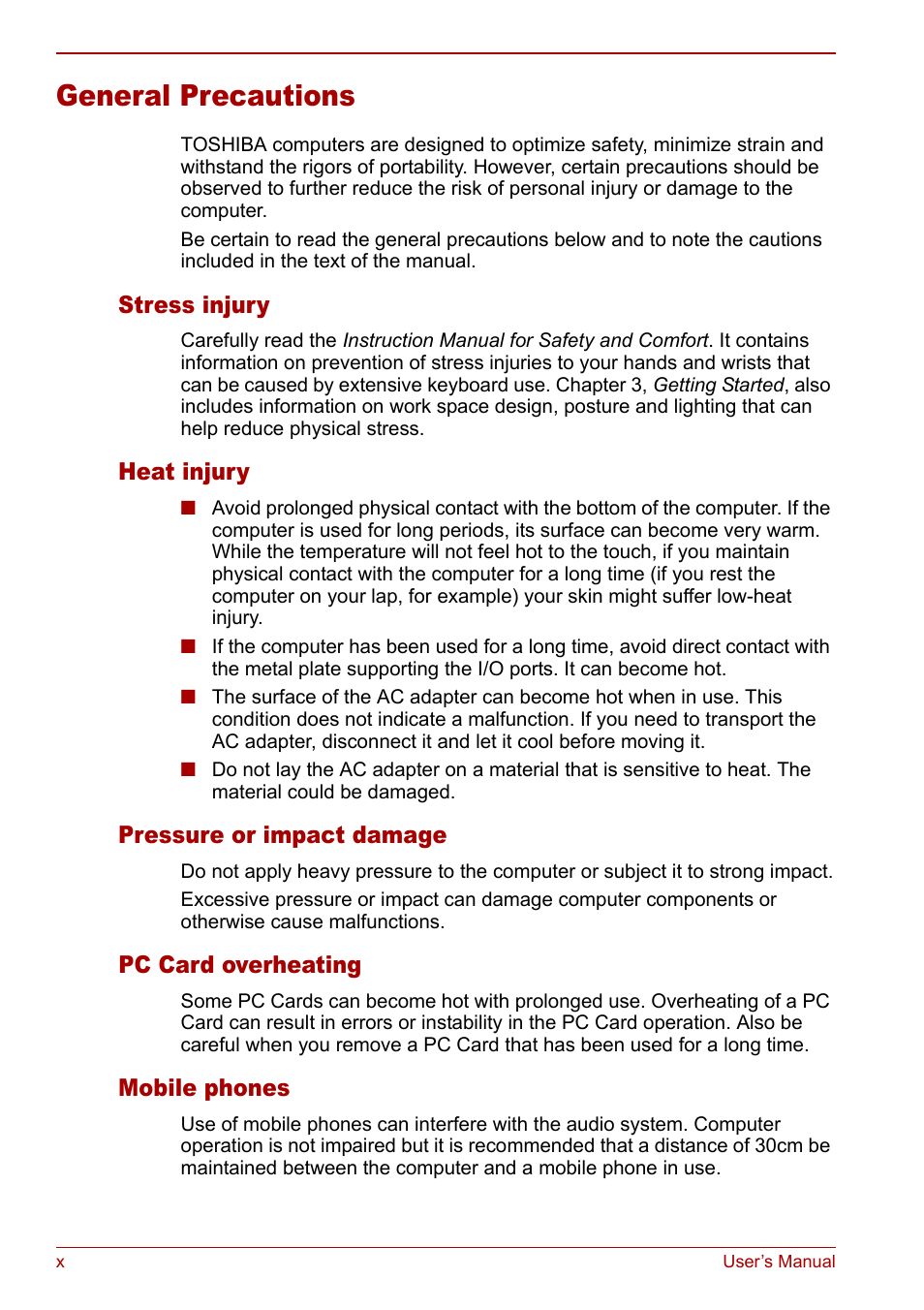 General precautions | Toshiba Satellite M60 User Manual | Page 10 / 168