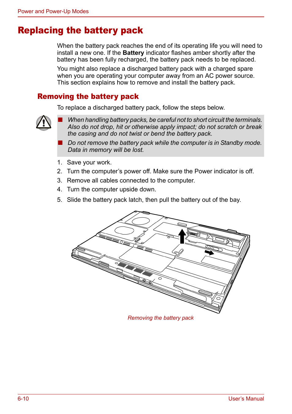 Replacing the battery pack, Replacing the battery pack -10, Removing the battery pack | Toshiba Satellite M60 User Manual | Page 100 / 168