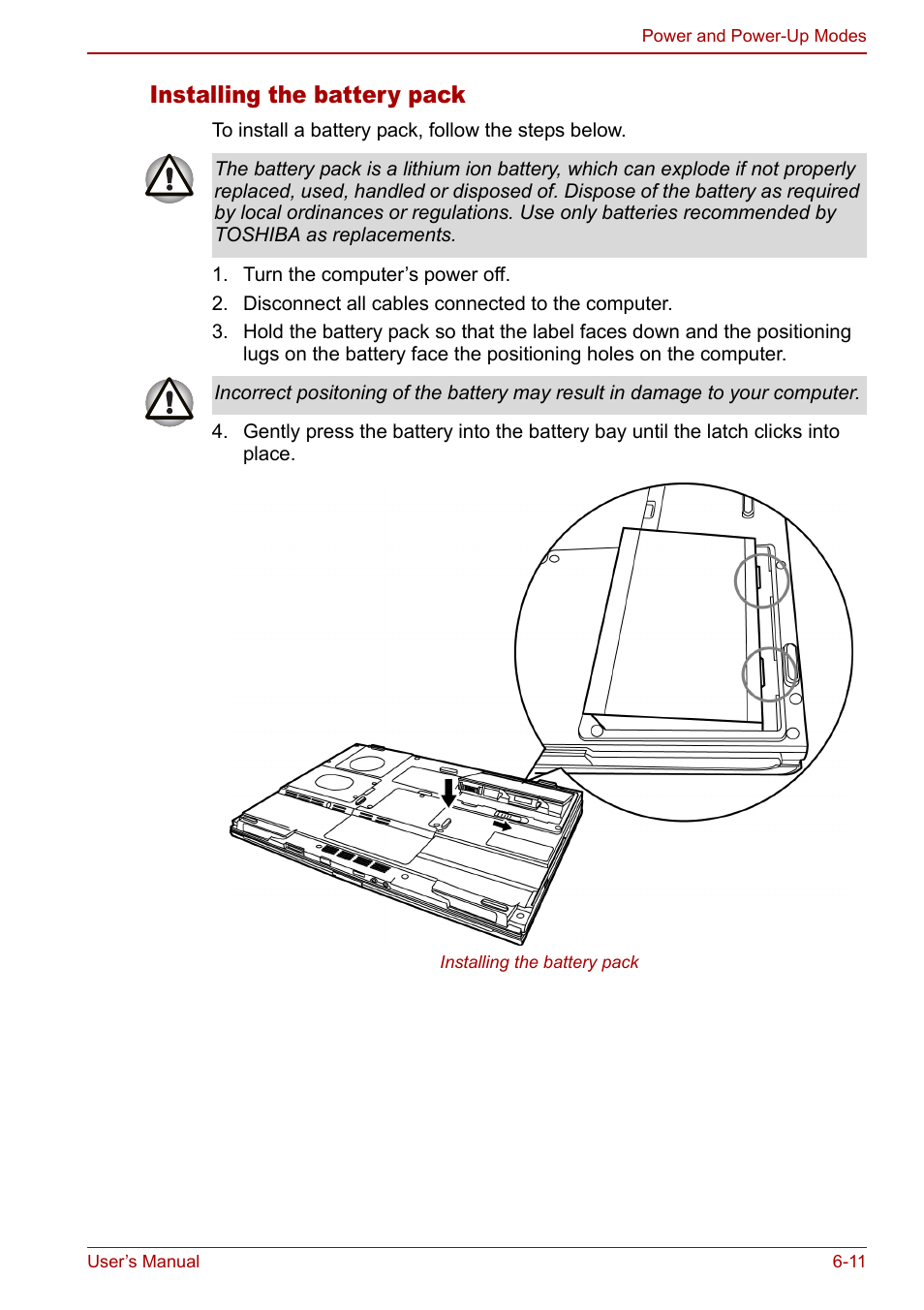 Installing the battery pack | Toshiba Satellite M60 User Manual | Page 101 / 168