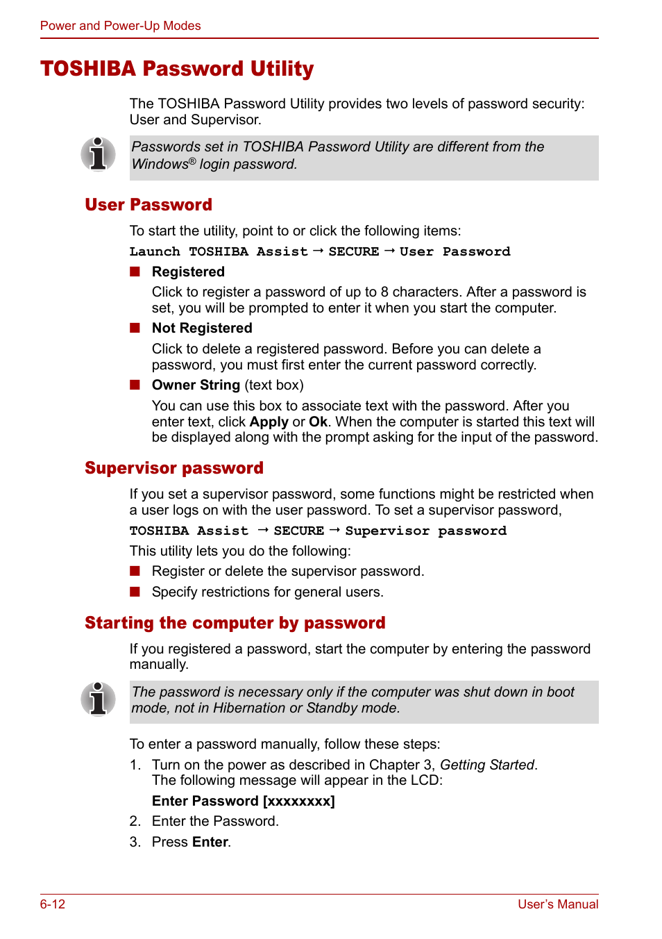 Toshiba password utility, Toshiba password utility -12, User password | Supervisor password, Starting the computer by password | Toshiba Satellite M60 User Manual | Page 102 / 168