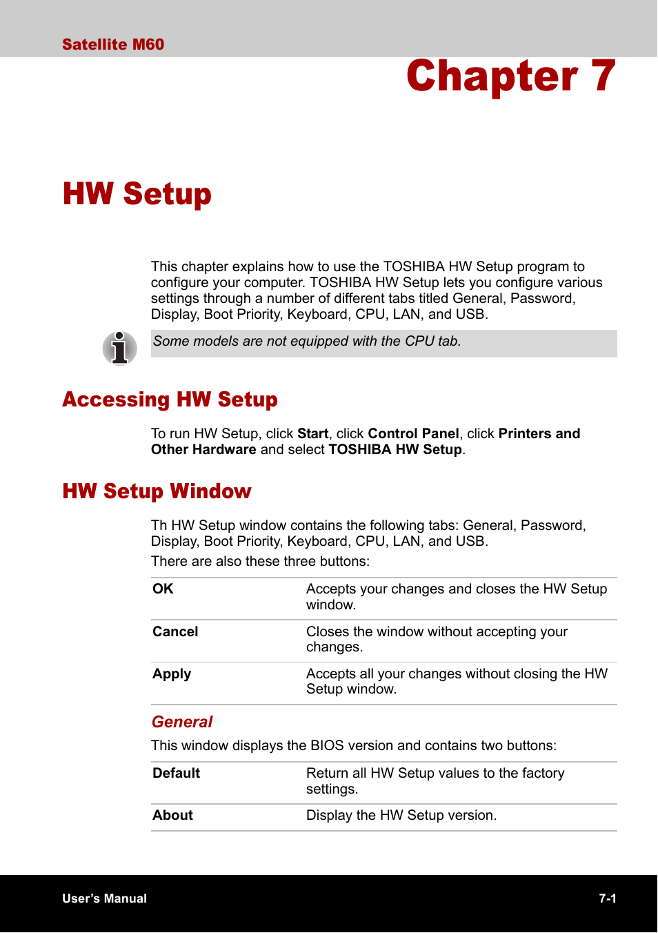 Chapter 7 - hw setup, Accessing hw setup, Hw setup window | Chapter 7, Hw setup, Accessing hw setup -1 hw setup window -1 | Toshiba Satellite M60 User Manual | Page 105 / 168