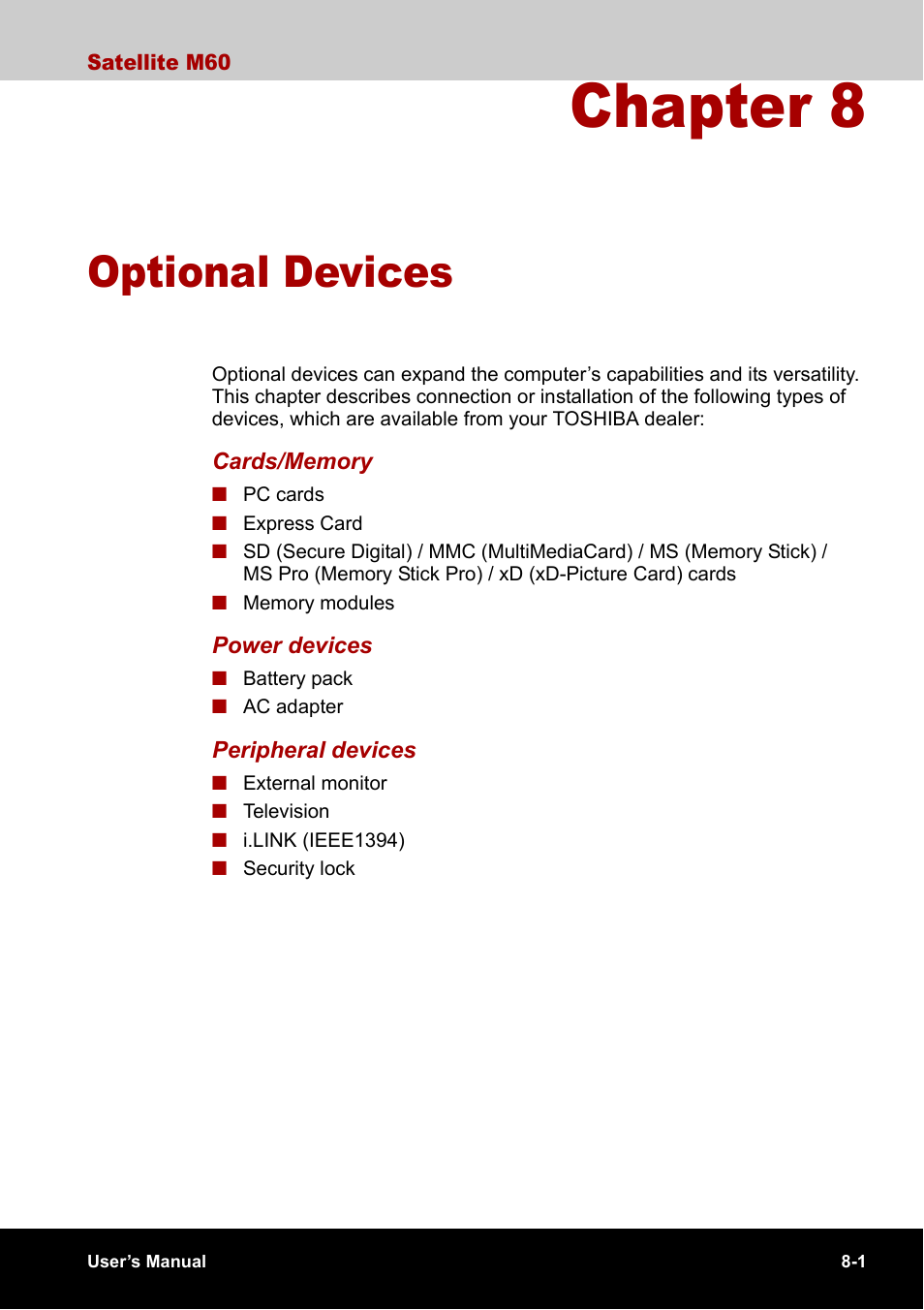 Chapter 8 - optional devices, Chapter 8, Optional devices | Toshiba Satellite M60 User Manual | Page 109 / 168