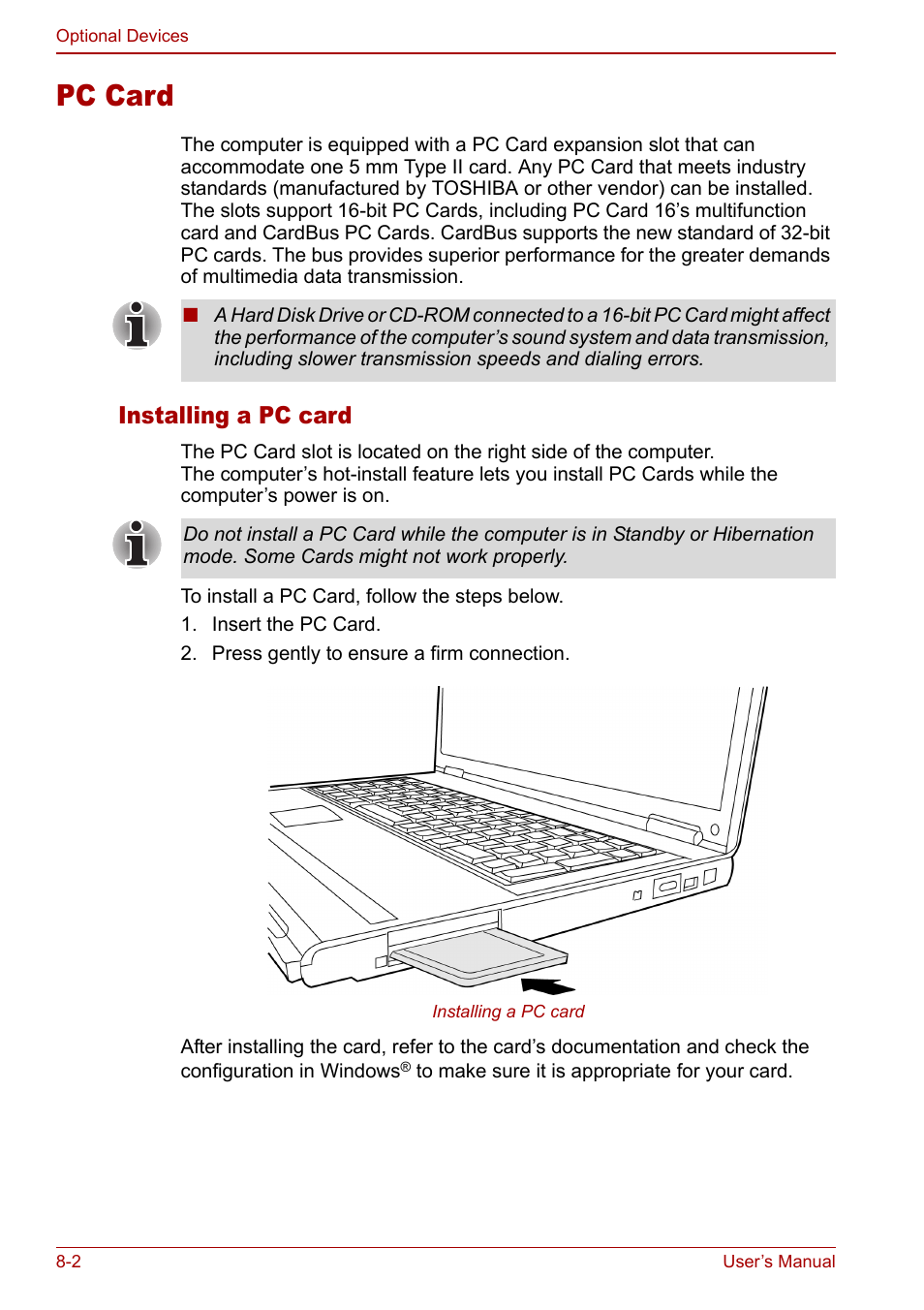 Pc card, Pc card -2, Installing a pc card | Toshiba Satellite M60 User Manual | Page 110 / 168