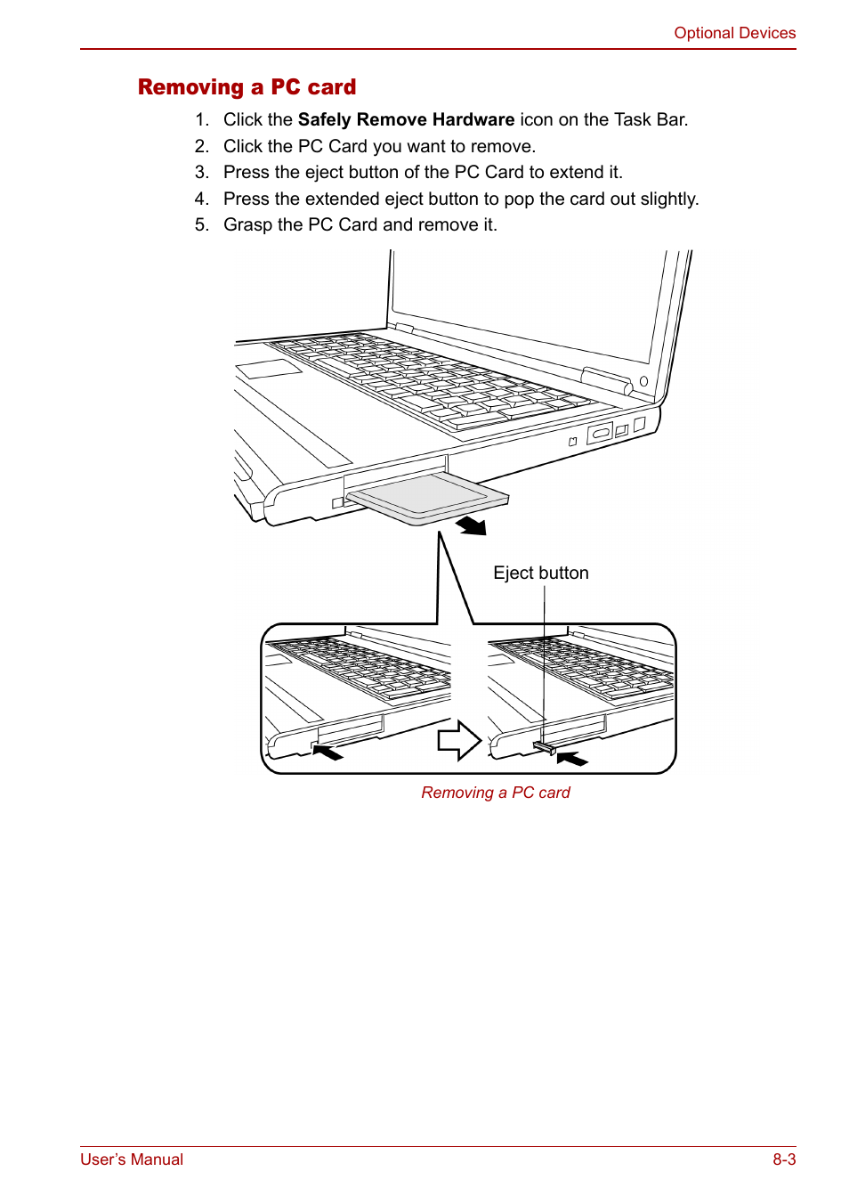 Removing a pc card | Toshiba Satellite M60 User Manual | Page 111 / 168