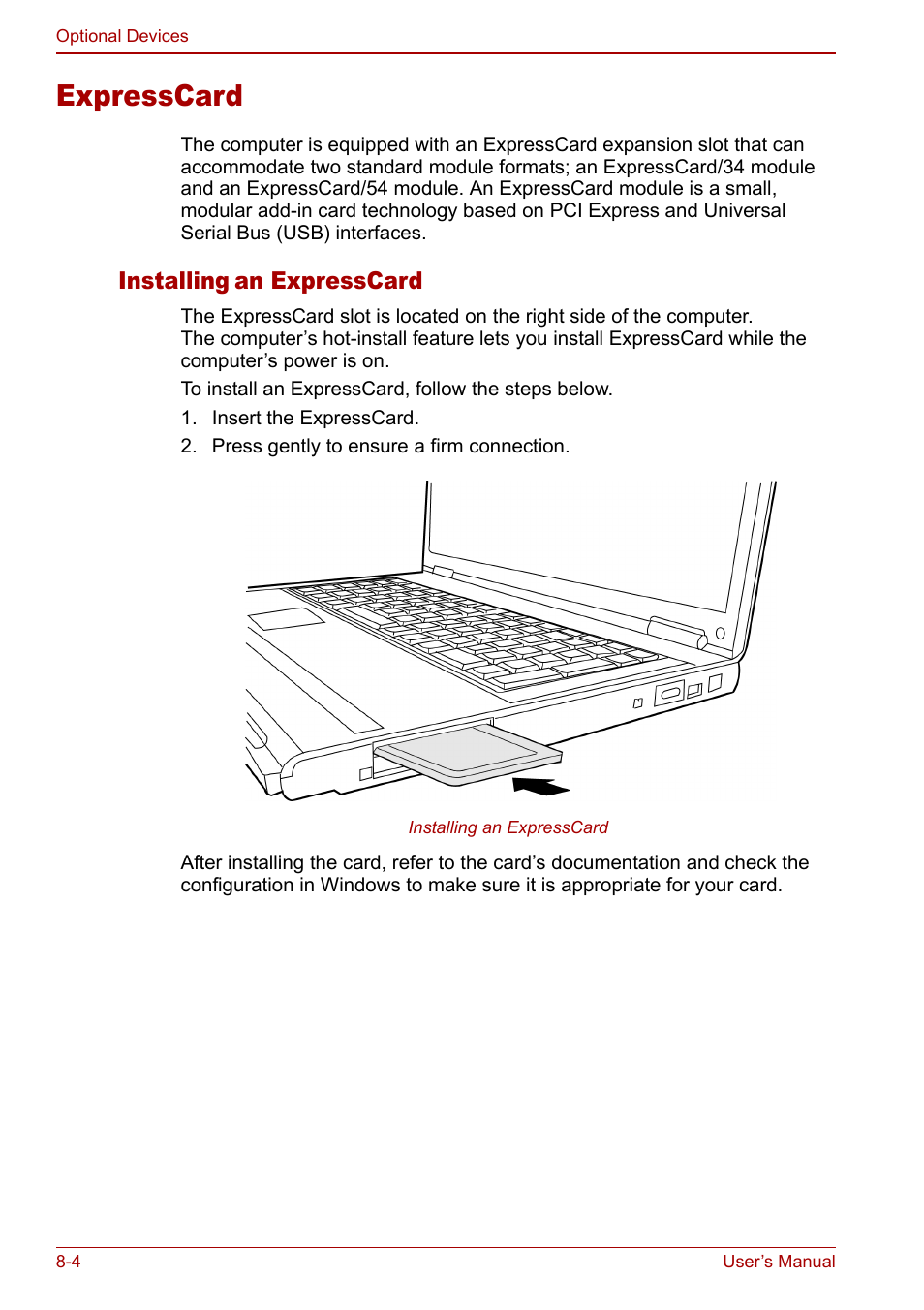 Expresscard, Expresscard -4, Installing | An expresscard | Toshiba Satellite M60 User Manual | Page 112 / 168