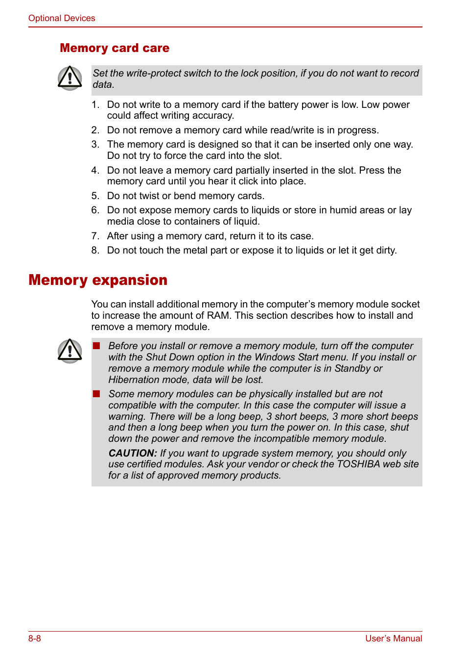 Memory expansion, Memory expansion -8 | Toshiba Satellite M60 User Manual | Page 116 / 168