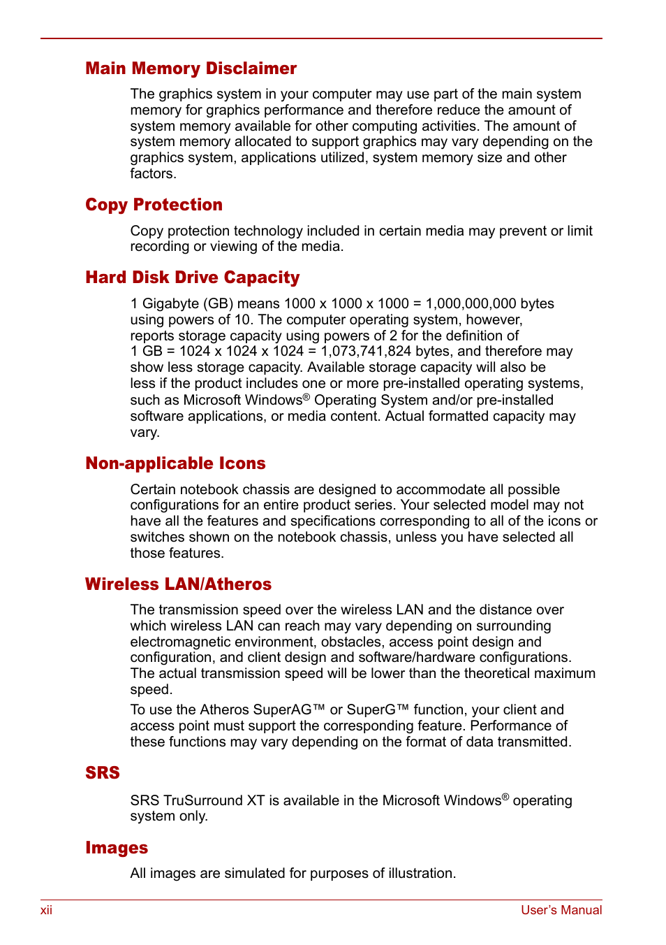 Copy protection, Hard disk drive capacity, Non-applicable icons | Wireless lan/atheros, Images | Toshiba Satellite M60 User Manual | Page 12 / 168