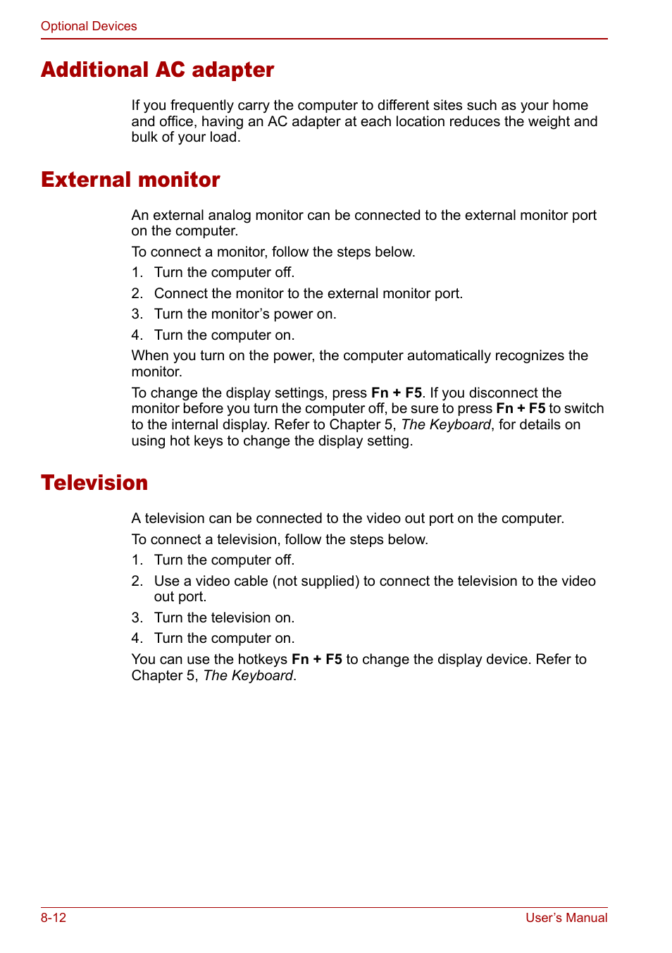 Additional ac adapter, External monitor, Television | Toshiba Satellite M60 User Manual | Page 120 / 168