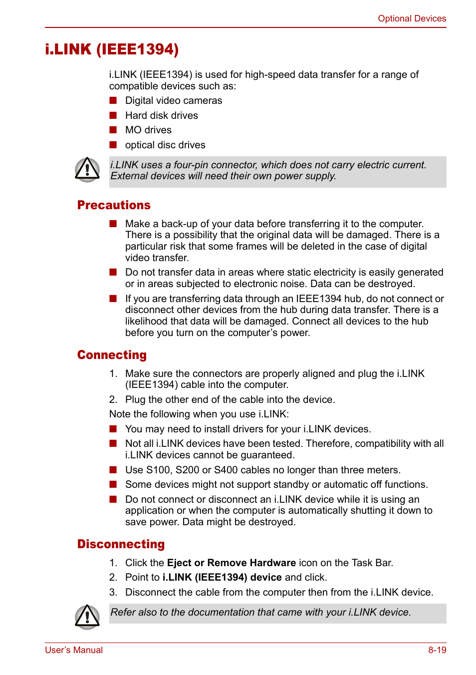 I.link (ieee1394), I.link (ieee1394) -19, Precautions | Connecting, Disconnecting | Toshiba Satellite M60 User Manual | Page 127 / 168