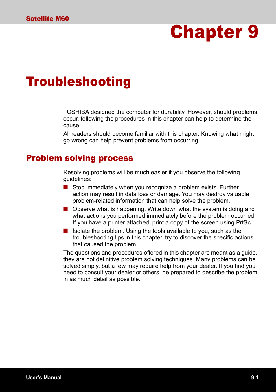 Chapter 9 - troubleshooting, Problem solving process, Chapter 9 | Troubleshooting, Problem solving process -1 | Toshiba Satellite M60 User Manual | Page 129 / 168