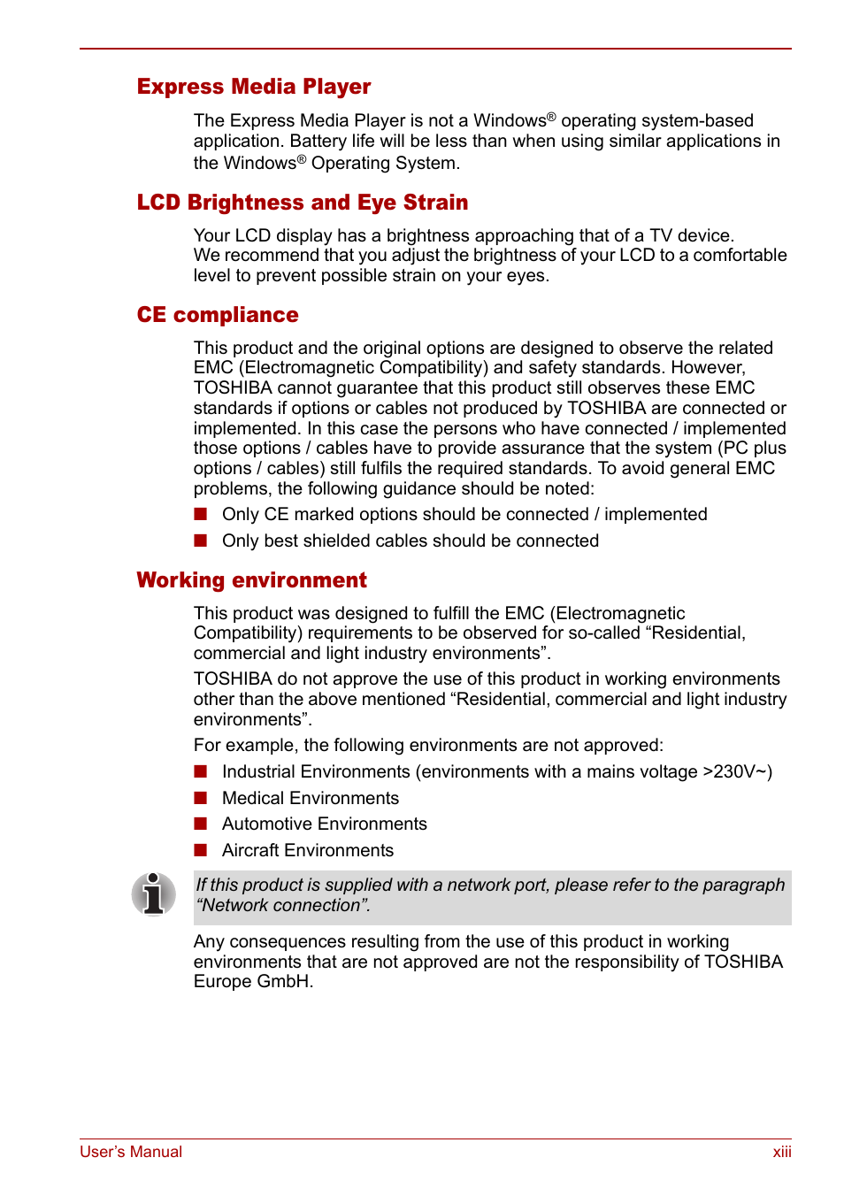 Express media player, Lcd brightness and eye strain, Ce compliance | Working environment | Toshiba Satellite M60 User Manual | Page 13 / 168