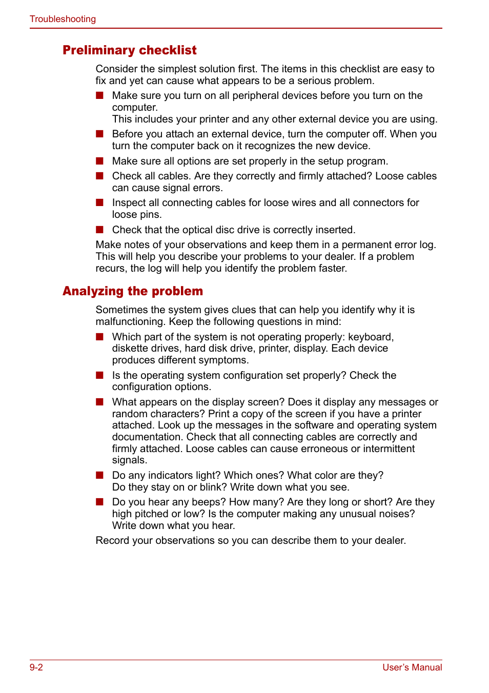 Preliminary checklist, Analyzing the problem | Toshiba Satellite M60 User Manual | Page 130 / 168