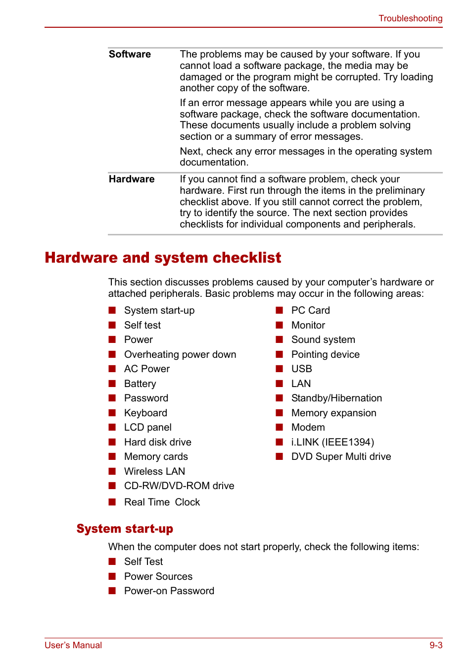 Hardware and system checklist, Hardware and system checklist -3, System start-up | Toshiba Satellite M60 User Manual | Page 131 / 168