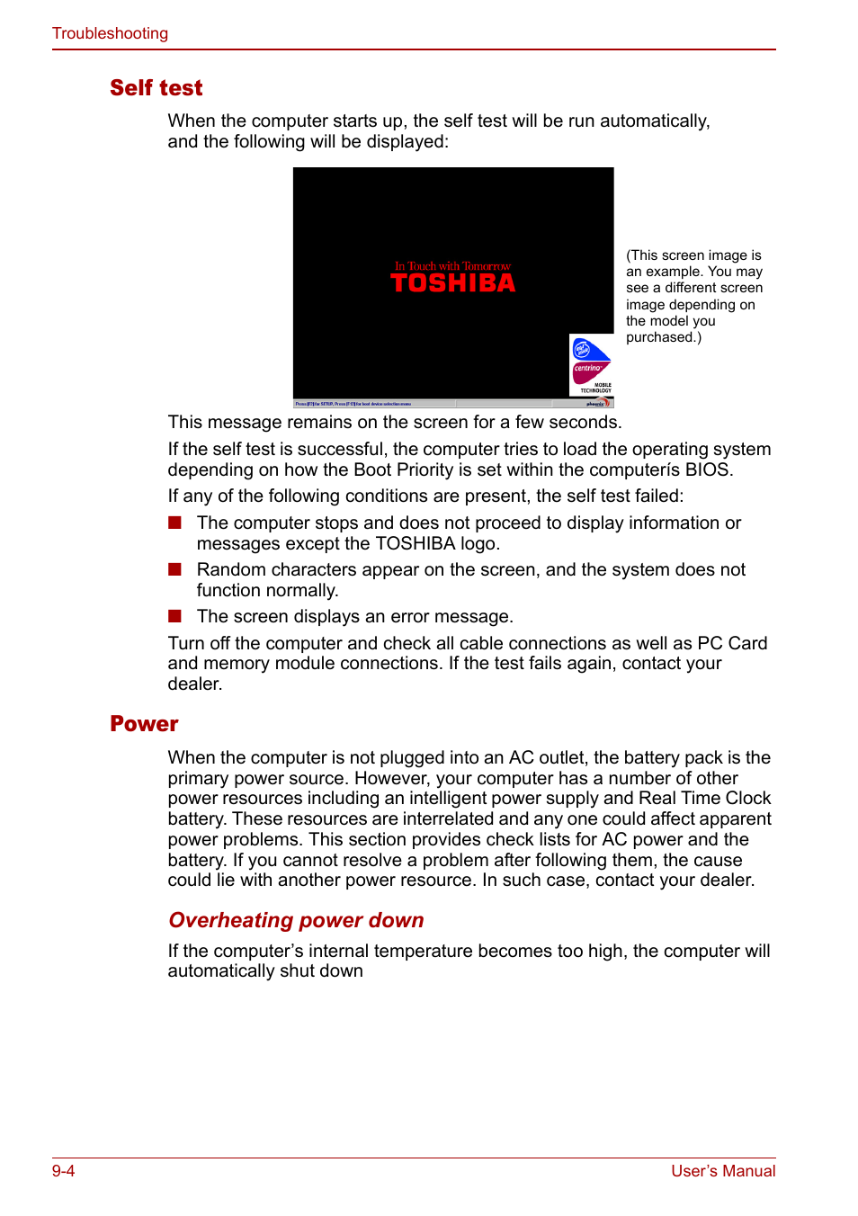 Self test, Power | Toshiba Satellite M60 User Manual | Page 132 / 168