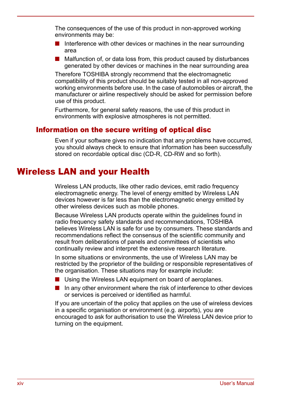 Wireless lan and your health, Information on the secure writing of optical disc | Toshiba Satellite M60 User Manual | Page 14 / 168