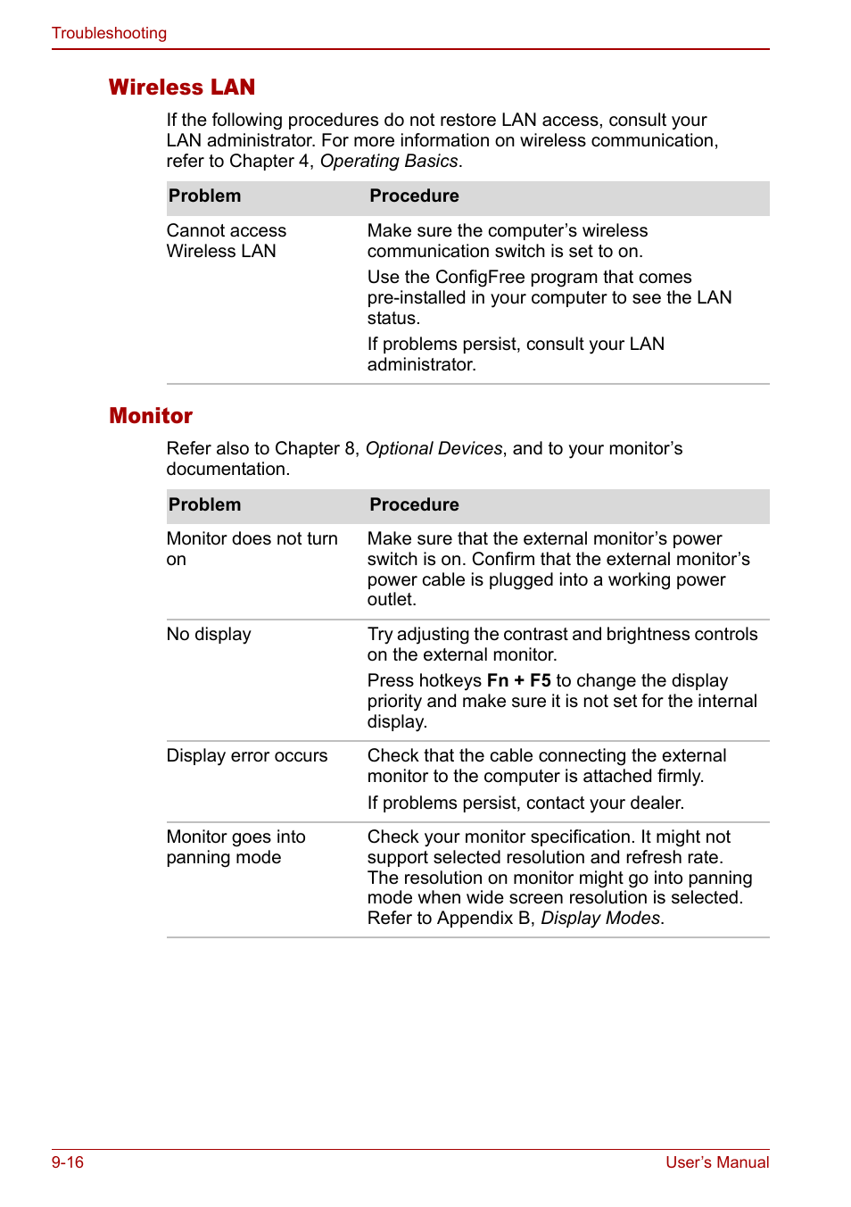 Wireless lan, Monitor | Toshiba Satellite M60 User Manual | Page 144 / 168