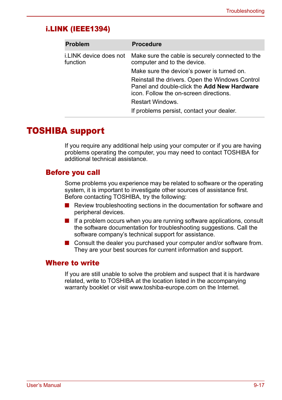 Toshiba support, Toshiba support -17, I.link (ieee1394) | Before you call, Where to write | Toshiba Satellite M60 User Manual | Page 145 / 168