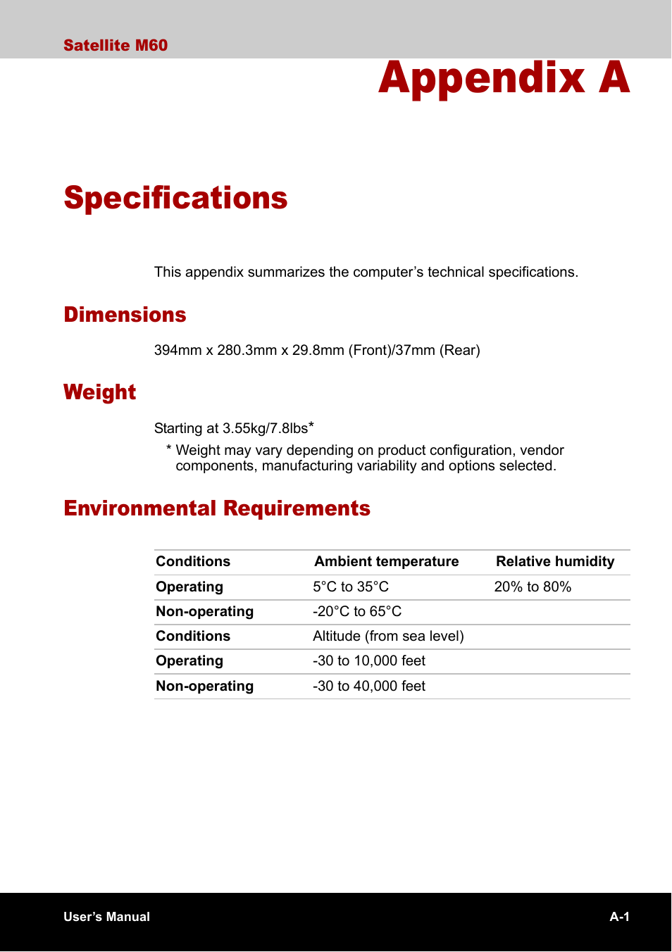 Appendix a - specifications, Dimensions, Weight | Environmental requirements, Appendix a, Specifications | Toshiba Satellite M60 User Manual | Page 147 / 168