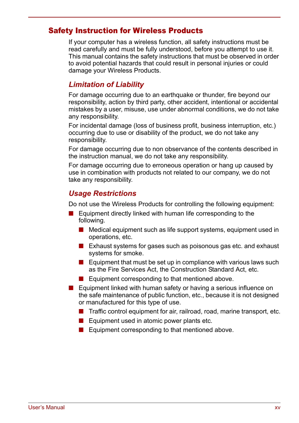 Safety instruction for wireless products | Toshiba Satellite M60 User Manual | Page 15 / 168