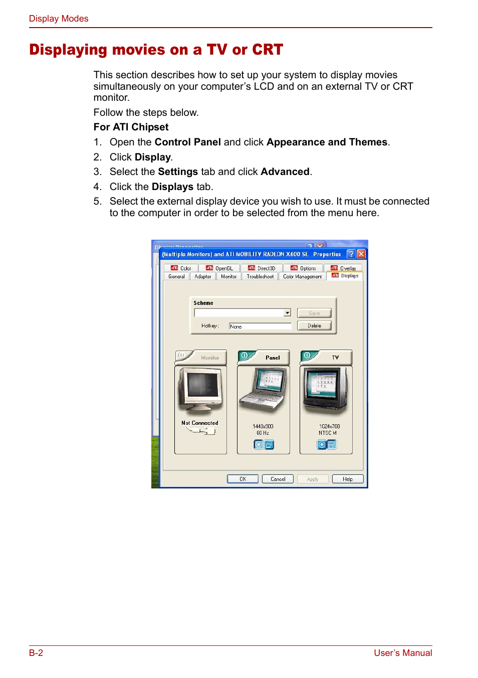 Displaying movies on a tv or crt | Toshiba Satellite M60 User Manual | Page 150 / 168