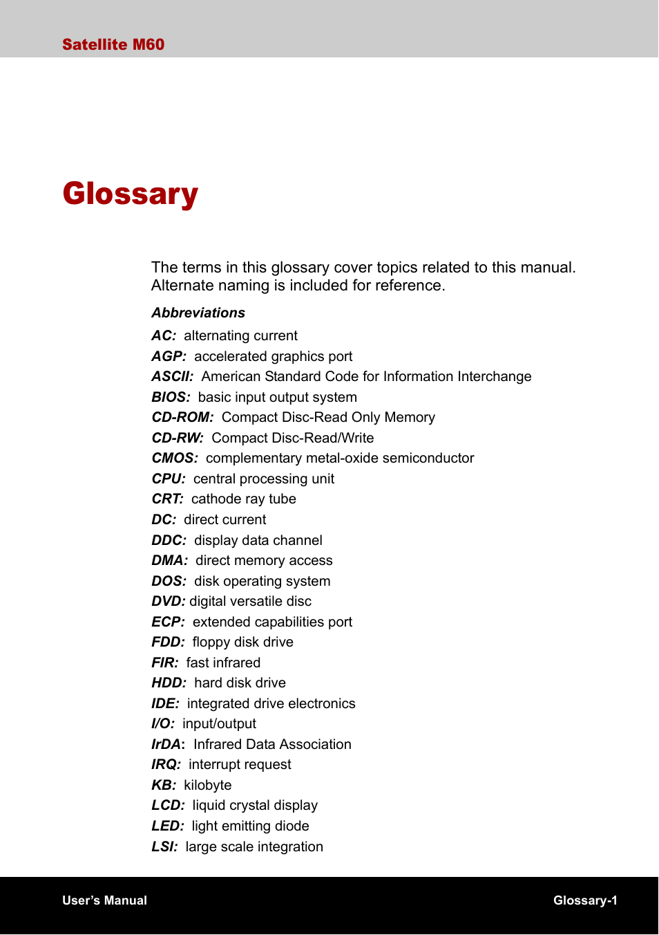 Glossary | Toshiba Satellite M60 User Manual | Page 161 / 168