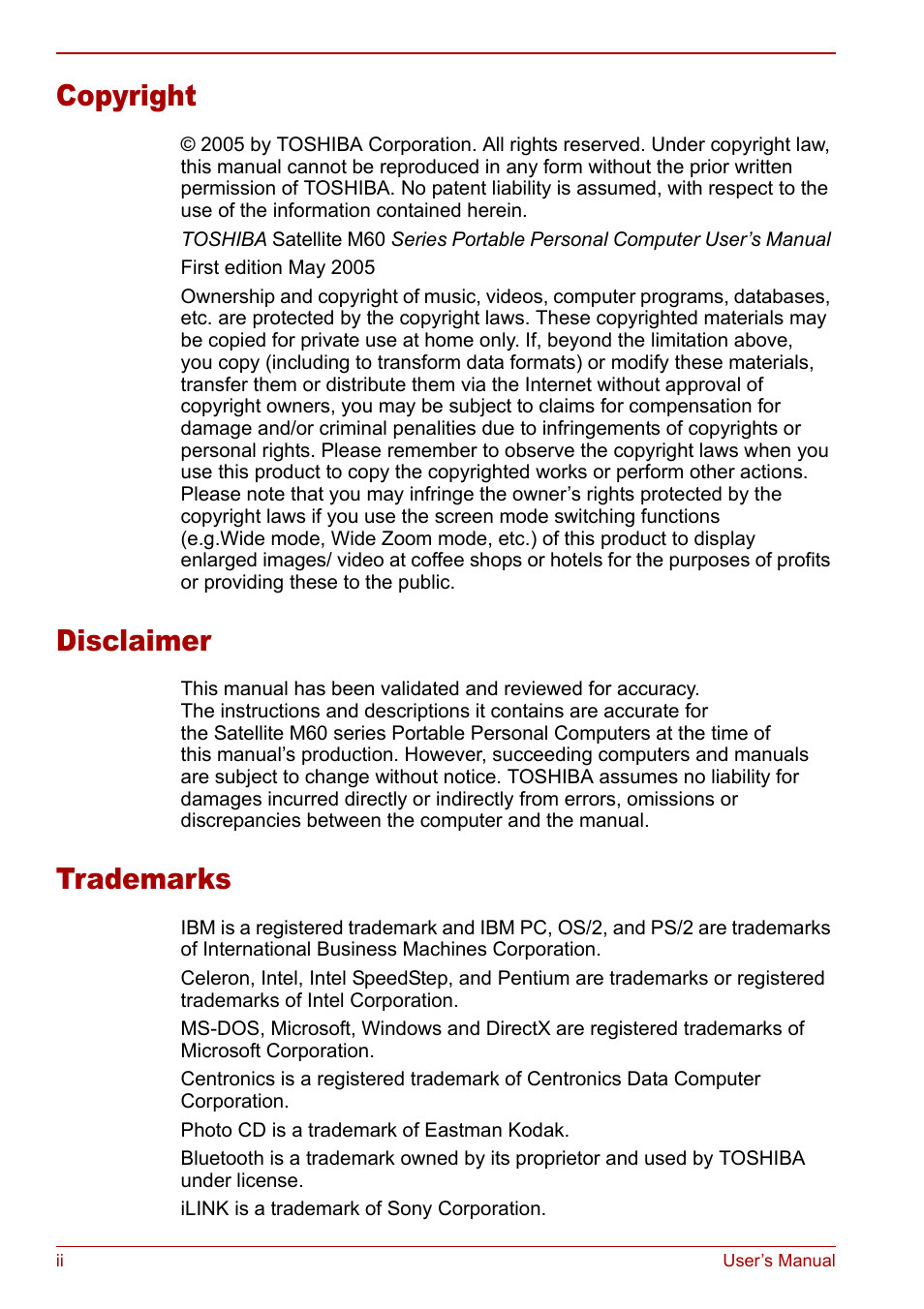 Copyright, Disclaimer, Trademarks | Toshiba Satellite M60 User Manual | Page 2 / 168