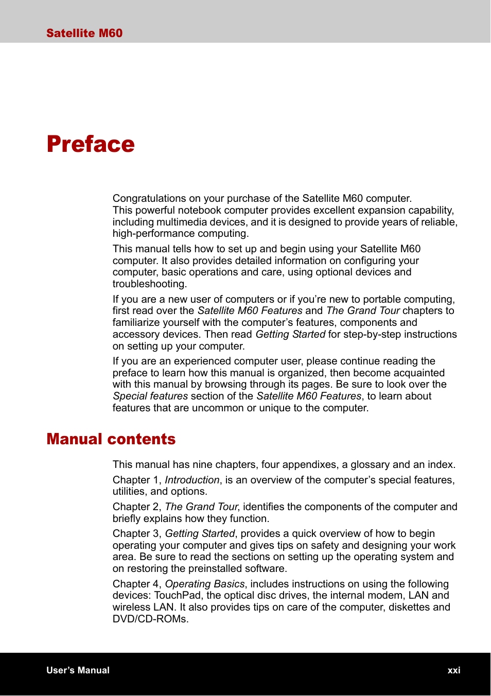 Preface, Manual contents | Toshiba Satellite M60 User Manual | Page 21 / 168