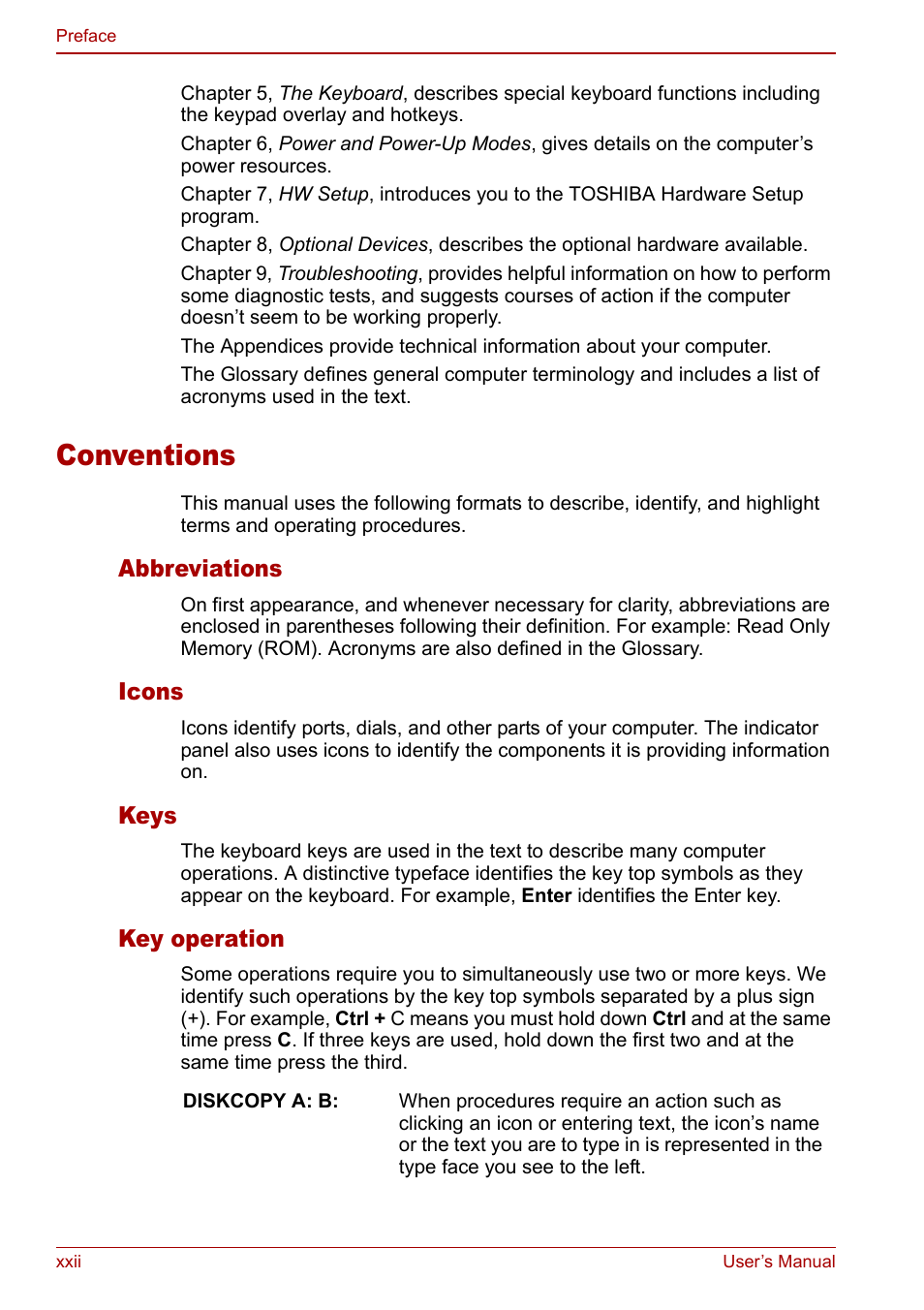 Conventions | Toshiba Satellite M60 User Manual | Page 22 / 168