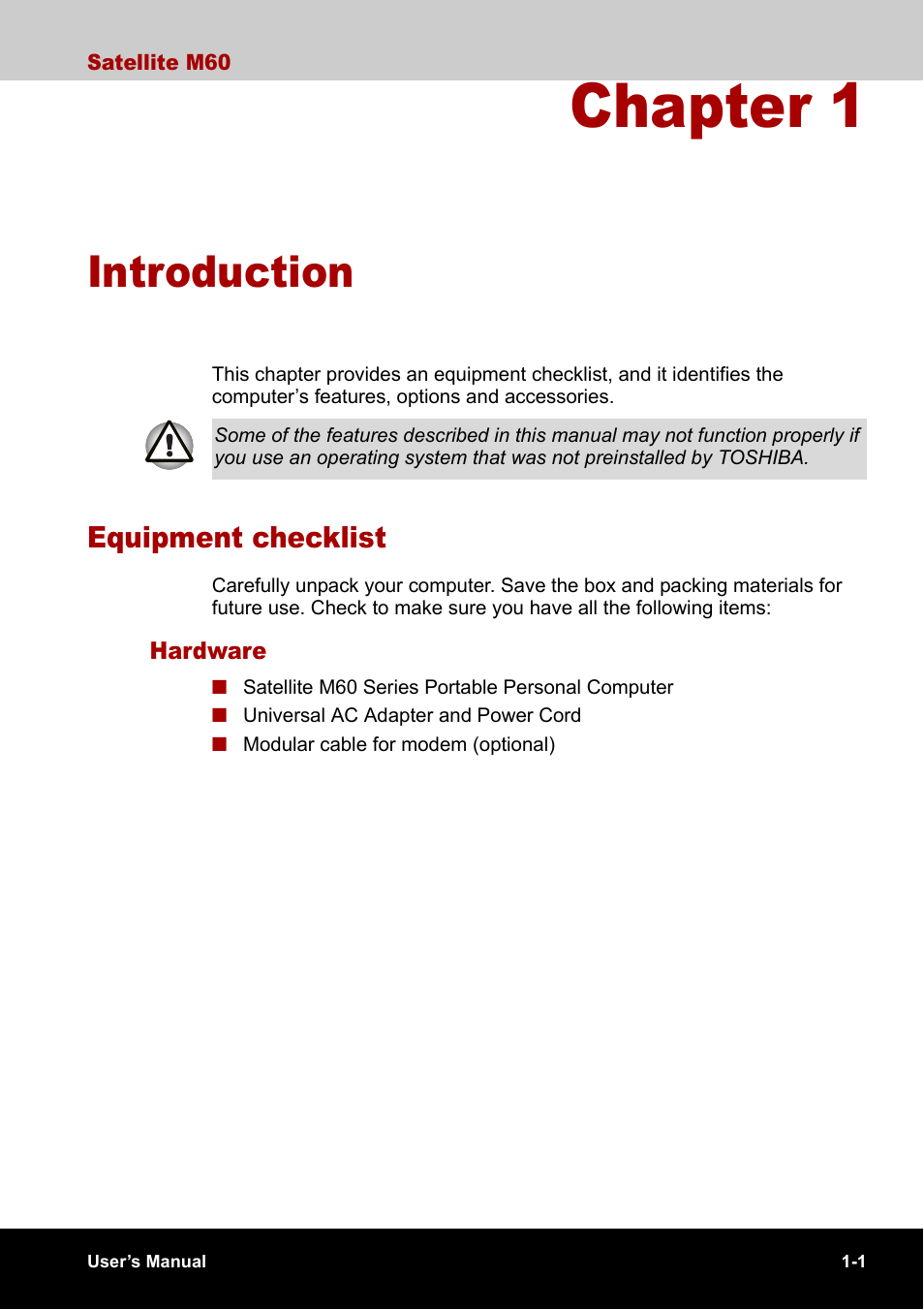 Chapter 1 - introduction, Equipment checklist, Chapter 1 | Introduction, Equipment checklist -1 | Toshiba Satellite M60 User Manual | Page 25 / 168